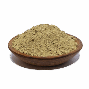 Natural herbal powder displayed in a brown wooden bowl, ideal for culinary uses and health remedies.