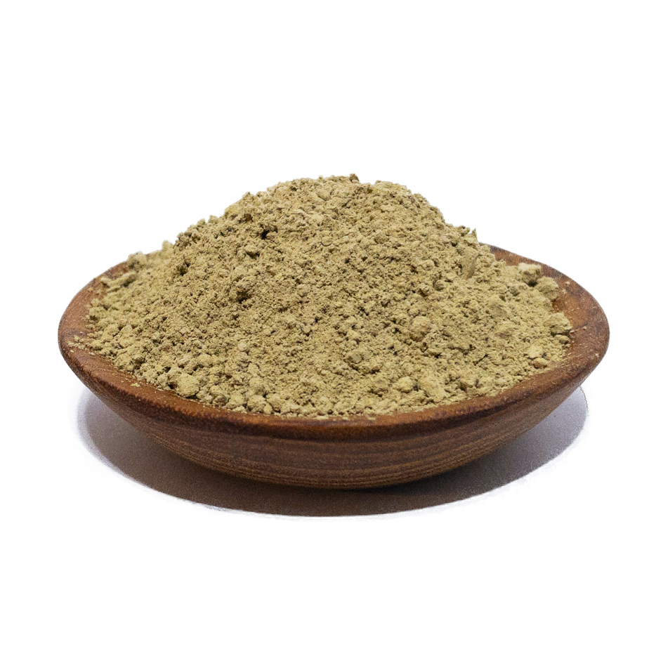 Natural herbal powder displayed in a brown wooden bowl, ideal for culinary uses and health remedies.