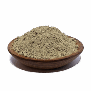 Brown bowl filled with fine green herbal powder, often used in traditional remedies and natural supplements, against a transparent background.