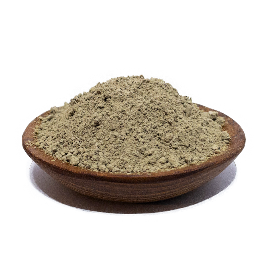 Brown bowl filled with fine green herbal powder, often used in traditional remedies and natural supplements, against a transparent background.