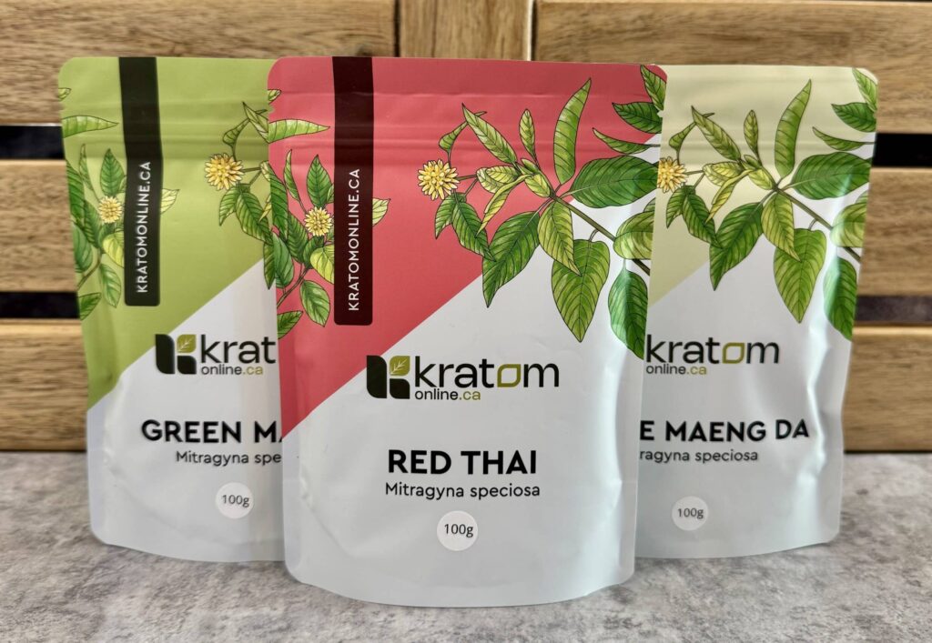 Three packs of kratom: Red Thai, Green Malay and White Maeng Da