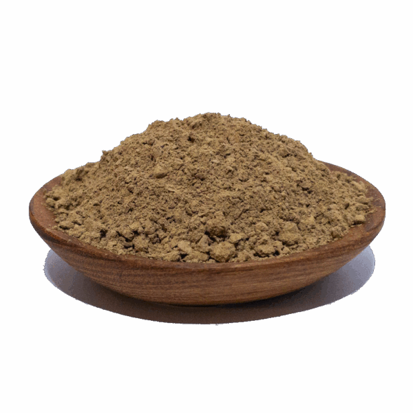 Brown powder in a wooden bowl, showcasing a natural spice or herb, ideal for culinary uses and health benefits.