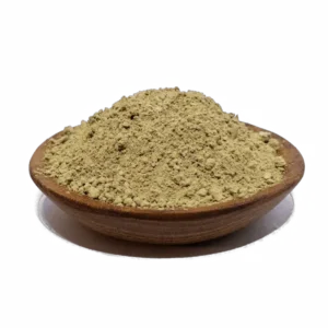 Natural yellow herbal powder displayed in a brown wooden bowl, ideal for culinary uses and health remedies.