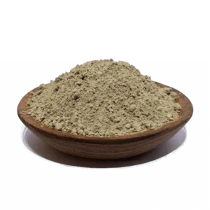 Brown bowl filled with fine white herbal powder, often used in traditional remedies and natural supplements, against a transparent background.