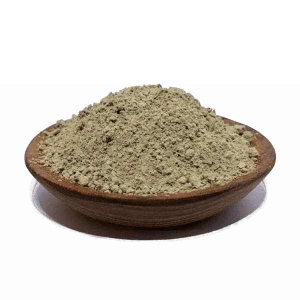 Brown bowl filled with fine white herbal powder, often used in traditional remedies and natural supplements, against a transparent background.