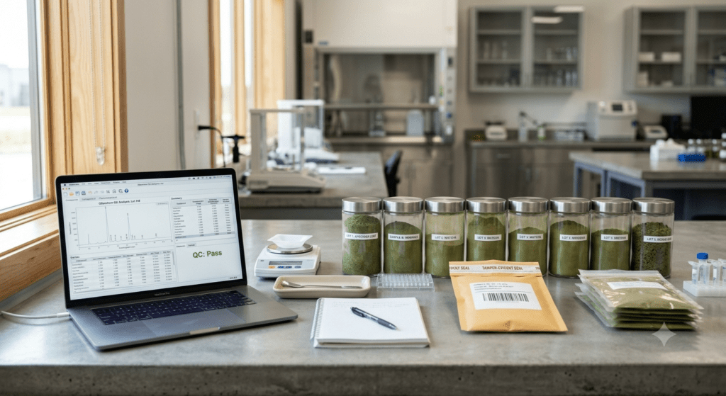 Lab of reliable kratom vendor, with clean laptop, kratom jar, and pouch