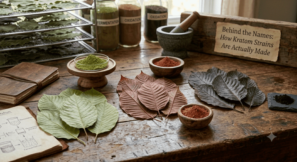 dried botanical leaves arranged on a plain white surface, grouped by color from pale green to deep red to dark brown