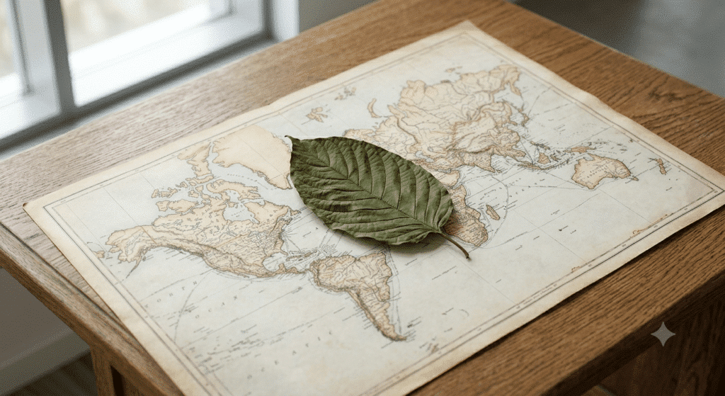 world map laid flat on a wooden desk with a single dried tropical leaf placed on top