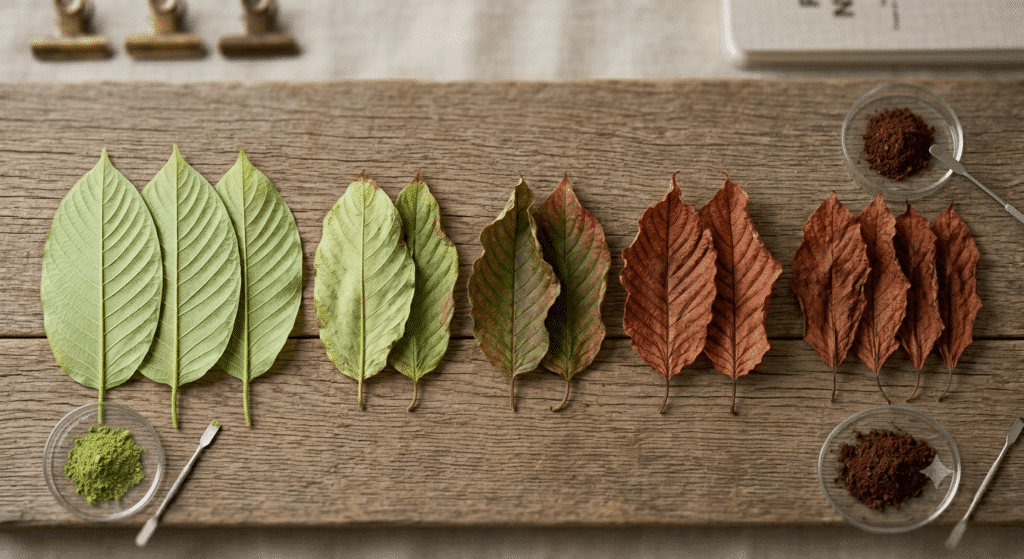 same type of leaf at different stages of a drying process, arranged left to right from fresh pale green to deep dried reddish brown, plain light surface
