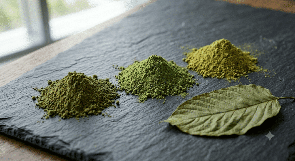 three small piles of fine botanical powder side by side on a dark slate surface, each slightly different shade of green, natural soft lighting