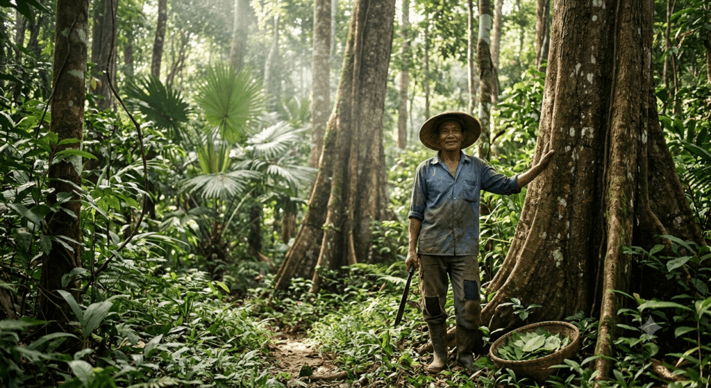 local Indonesian farmer standing among tall tropical trees in a lush green forest in Borneo, natural daylight filtering through canopy, simple work clothes