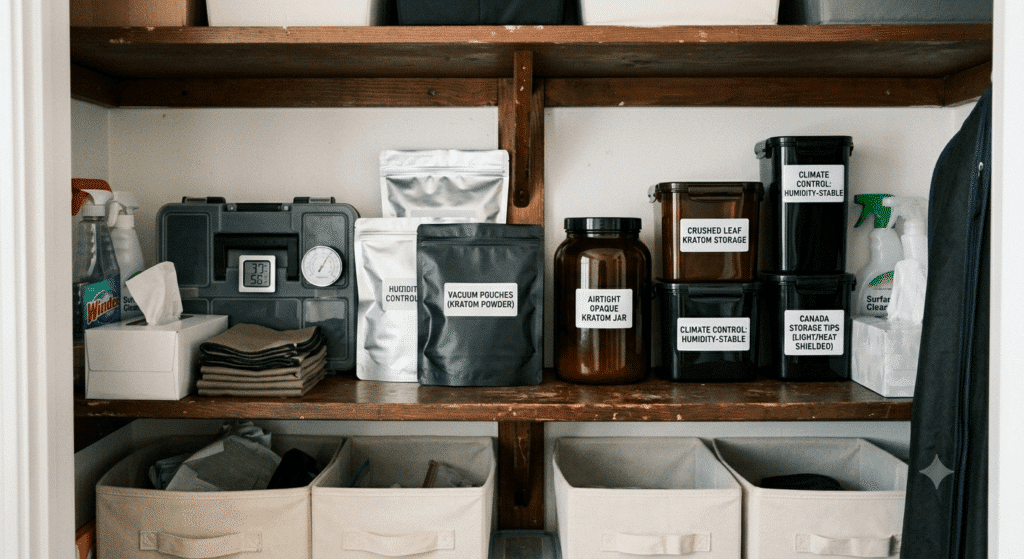 shelf with Tupperware recipients and standing pouch for kratom preservation