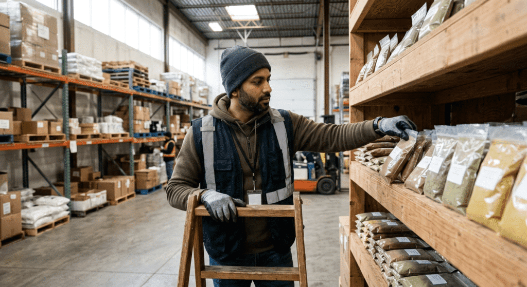 Firefly_Realistic documentary-style photo of a warehouse worker in Canada organizing sealed
