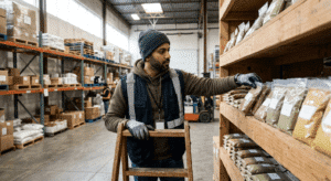 Firefly_Realistic documentary-style photo of a warehouse worker in Canada organizing sealed kratom pouch