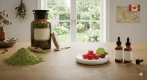 raw powder, the gummies, and the extract dropper bottles, natural wood and light setting, providing a clean visual