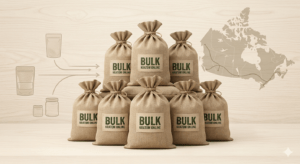 Stacked Bulk Sacks: Five large, industrial-style kratom burlap sacks representing the 5 kg to 20 kg volume