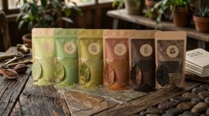 Close-up of multiple small kraft paper bags of botanical powder lined up in a row, slightly different shades of green and brown, natural studio lighting