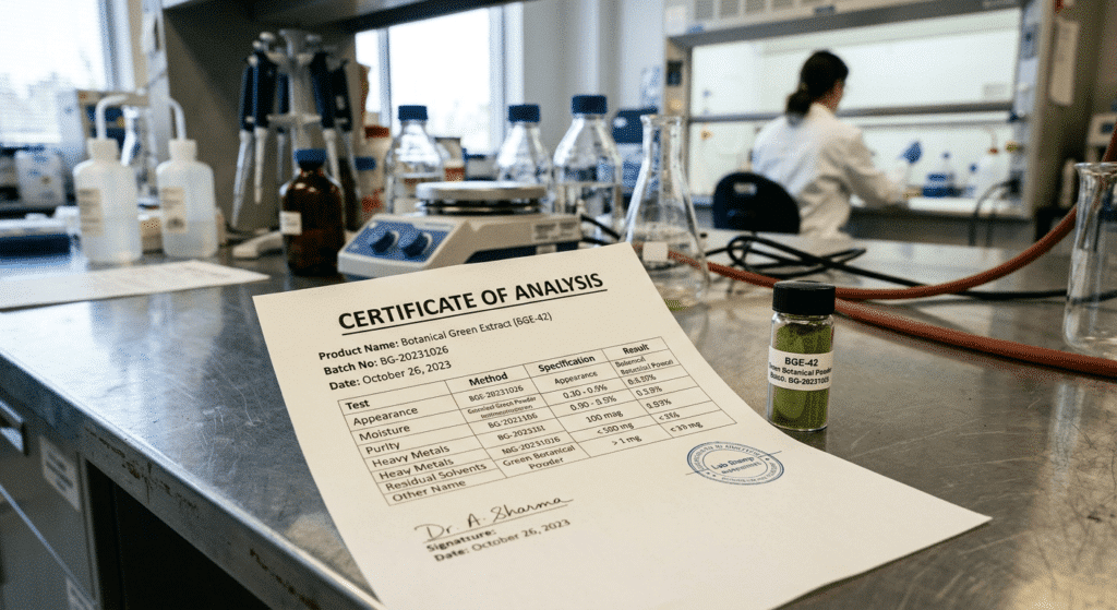 Realistic close-up photo of a scientific Certificate of Analysis document on a lab