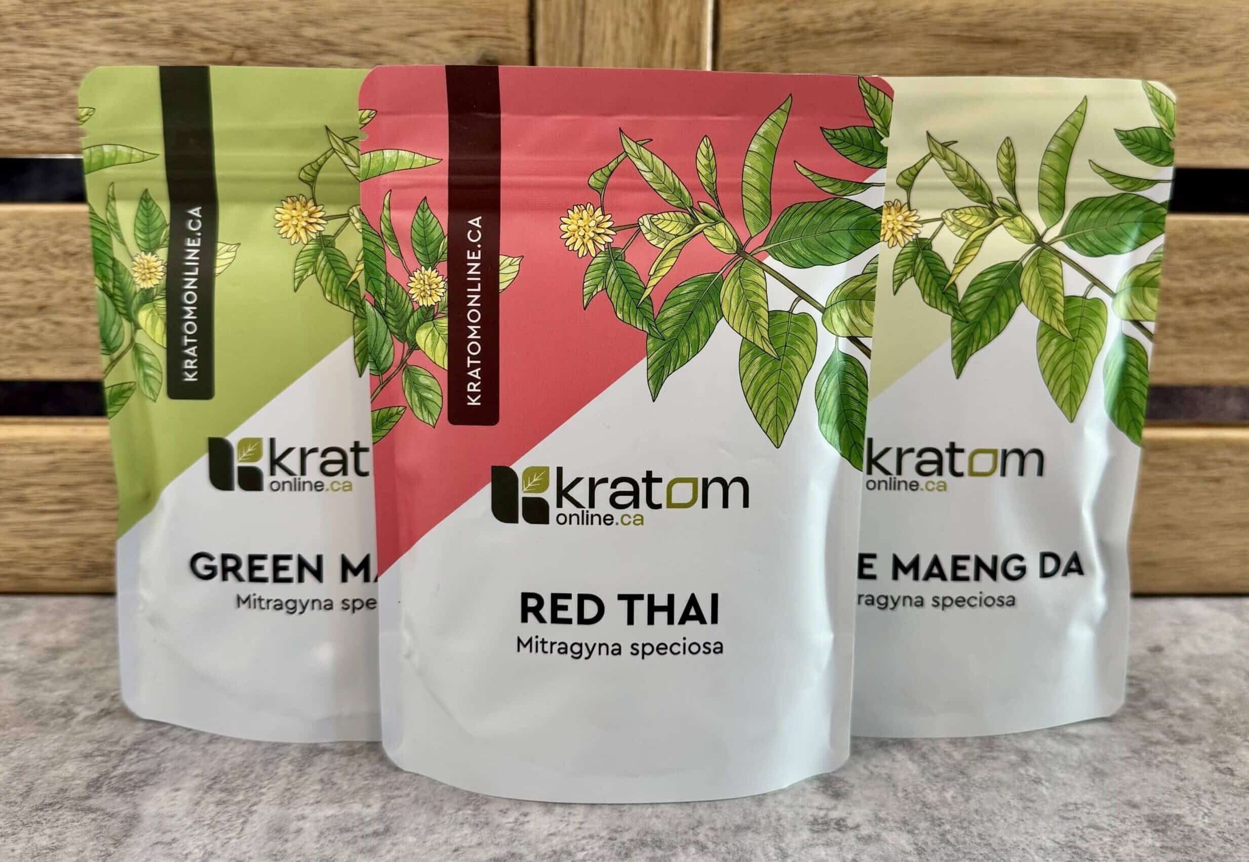 Three 50g packs of kratom: Red Thai, Green Malay and White Maeng Da