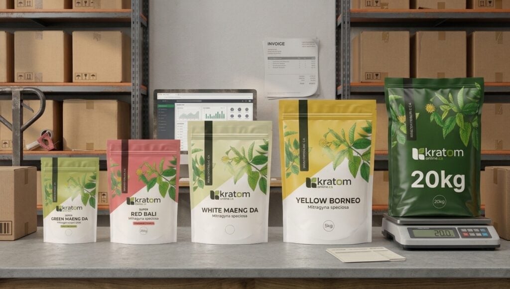 5 different size of kratom pouch from kratom online, on a clean grey desk, boxes in background