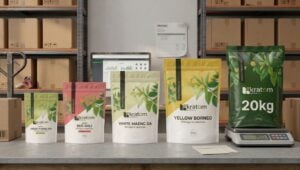 5 different size of kratom pouch from kratom online, on a clean grey desk, boxes in background