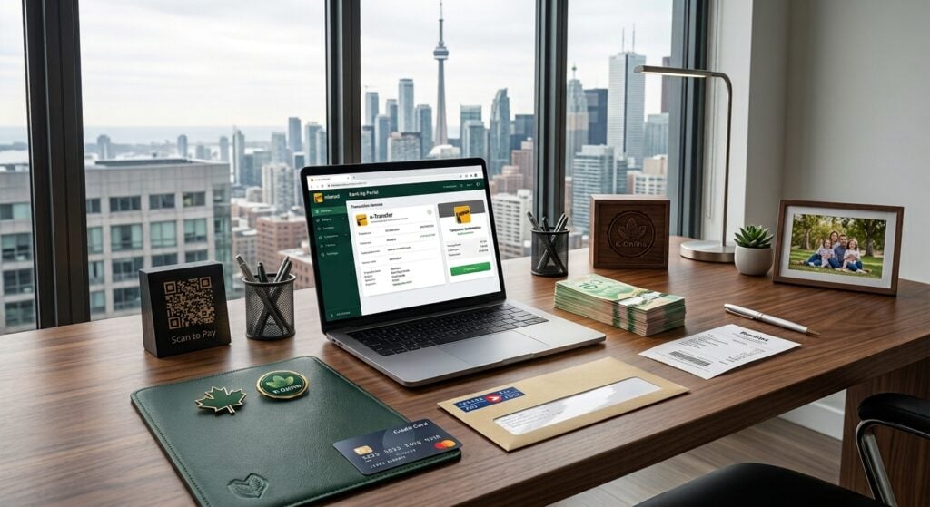 Bureau et laptop montrant un payment interac en ligne